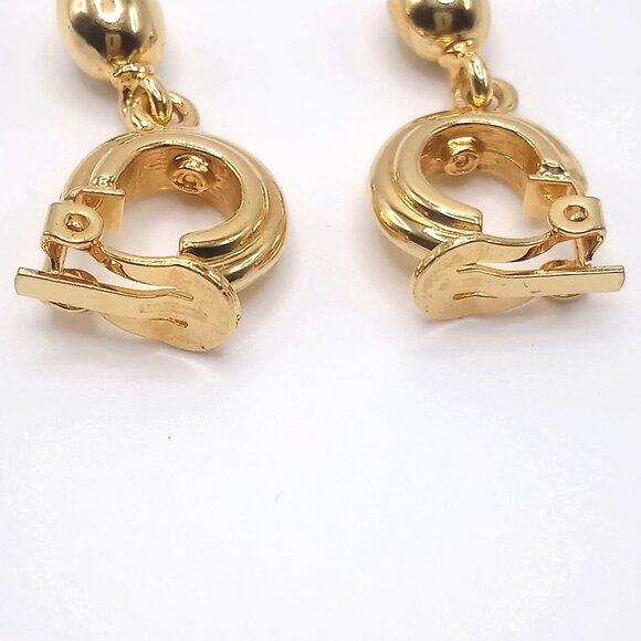 Vintage Hoop Clip-On Earrings Gold-Tone Dangling Ball Charm 1.25" Length - Picture 4 of 7